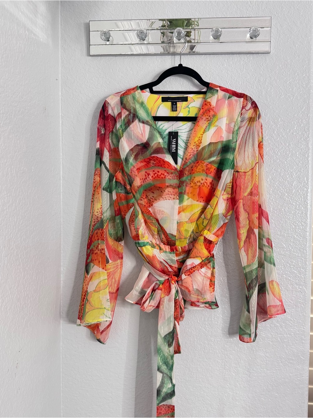 White House Black Market V-Neck Sheer Floral Top - Orange, Green, Red, Cream - Picture 9 of 12